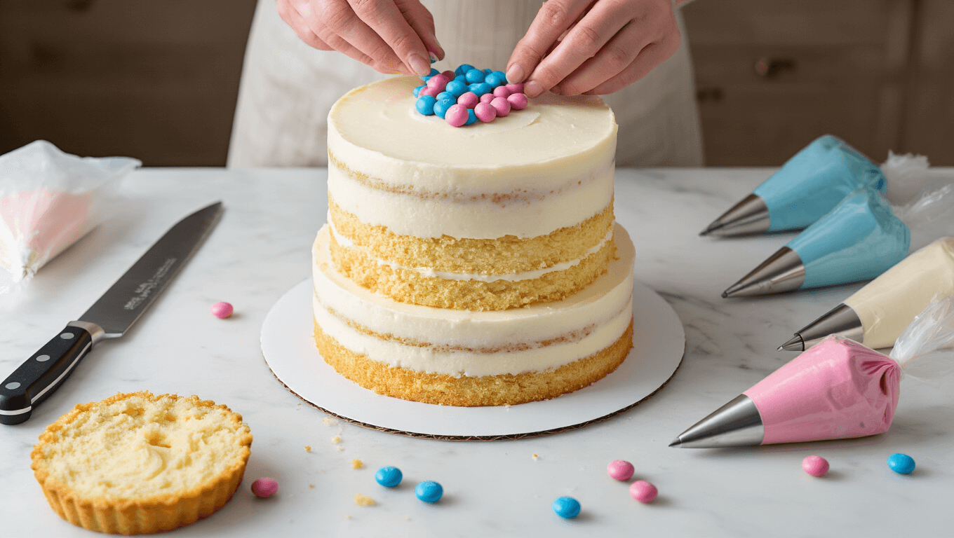 A close-up of a gender reveal cake being assembled on a white marble countertop, featuring layers filled with pink or blue M&Ms and smooth white buttercream, surrounded by baking tools and fresh flowers in soft focus.