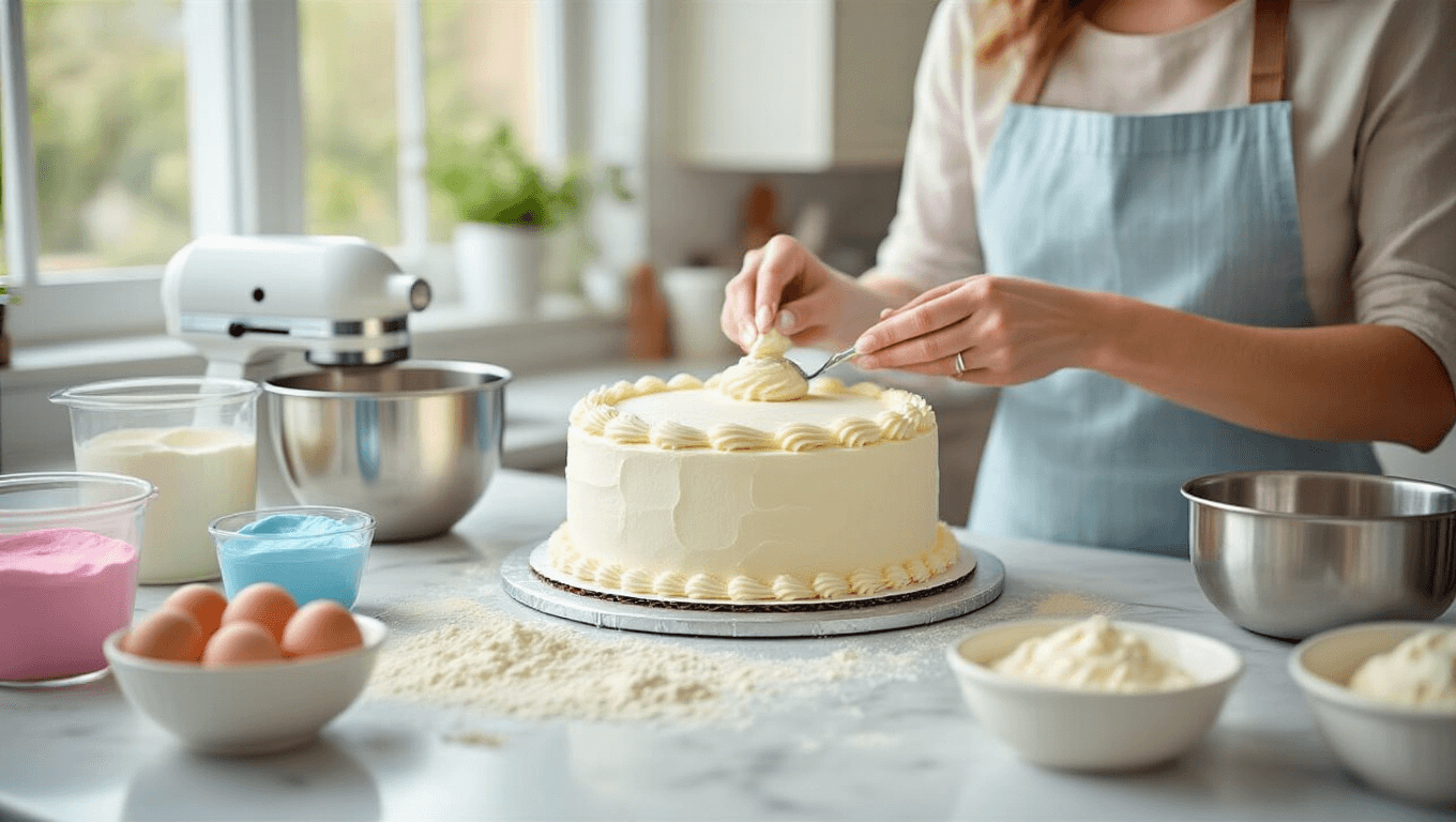 A bright, modern kitchen counter with a pristine white cake being frosted, surrounded by organized baking essentials like pink and blue gel food colorings, measuring cups, and decorative piping bags, all illuminated by warm golden hour light.