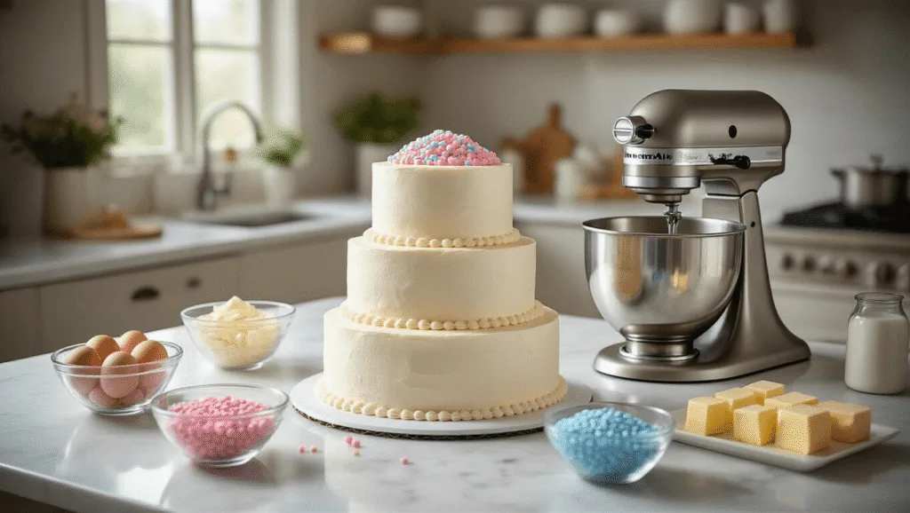 A beautifully arranged marble kitchen countertop featuring a three-tiered gender reveal cake with one hollowed layer, surrounded by pink and blue candies, a premium KitchenAid mixer, and baking ingredients, all bathed in natural light.