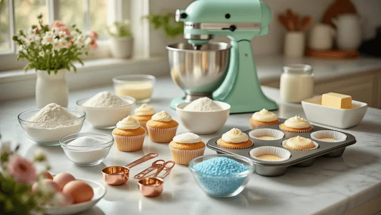 High-end food styling image of a sunlit marble kitchen counter displaying gender reveal cupcake preparation essentials, including ingredients in glass bowls, a vintage mint green stand mixer, and pink and blue sprinkles, with soft pastel flowers accentuating the scene.