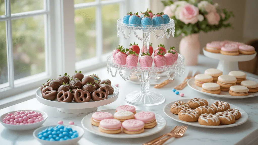 Elegant dessert table featuring ombré-style pink to blue chocolate-dipped strawberries, swirled chocolate pretzels, and decorated cookie sandwiches, all displayed on pearl-finish serving plates with rose gold utensils, set against a white marble surface and soft natural light.