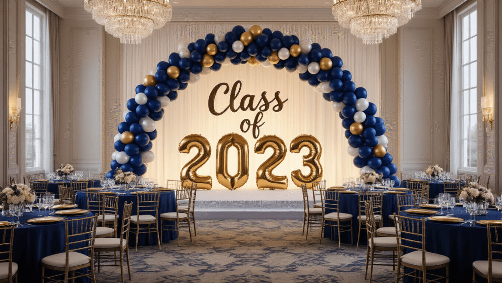 A grand ballroom decorated for a graduation celebration, featuring a sweeping navy blue, metallic gold, and pearl white balloon arch, "Class of 2023" signage, crystal chandeliers, and a three-tiered white and gold graduation cake on an ornate dessert table.