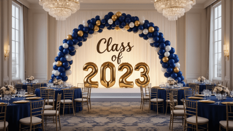 A grand ballroom decorated for a graduation celebration, featuring a sweeping navy blue, metallic gold, and pearl white balloon arch, "Class of 2023" signage, crystal chandeliers, and a three-tiered white and gold graduation cake on an ornate dessert table.