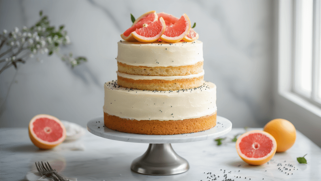 Elegant three-tiered wedding cake with white cream cheese frosting and pink grapefruit curd, accented with black poppyseeds, fresh grapefruit segments, and edible flowers, beautifully styled against a soft grey marble backdrop in natural light.