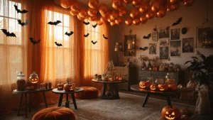 A warm-lit living room decorated for a Halloween birthday party, featuring golden hour light, copper balloon garlands, glowing jack-o'-lanterns, a DIY candy station, and children in costumes playing party games.