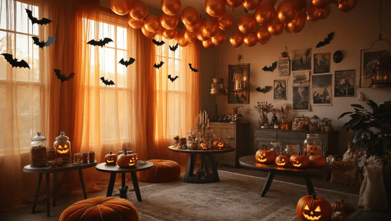 A warm-lit living room decorated for a Halloween birthday party, featuring golden hour light, copper balloon garlands, glowing jack-o'-lanterns, a DIY candy station, and children in costumes playing party games.