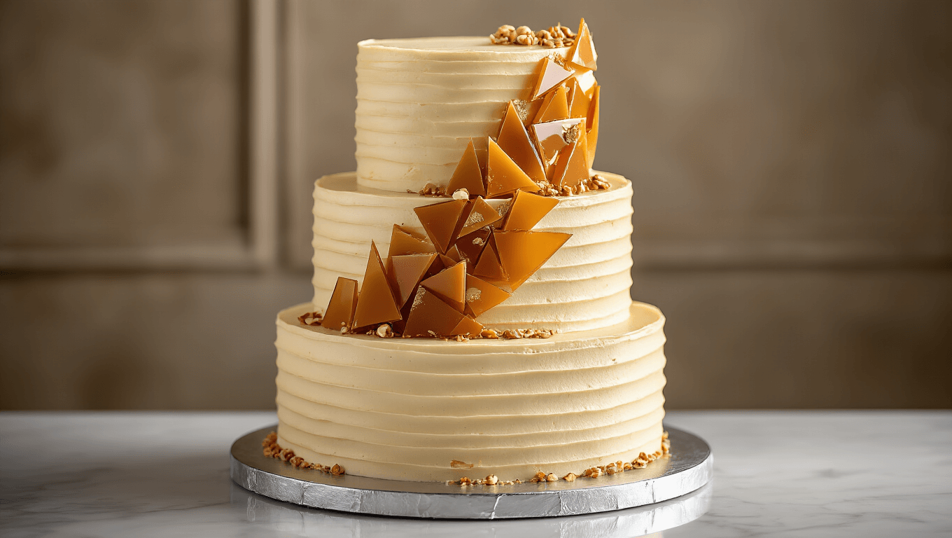 Elegant three-tiered hazelnut wedding cake on a silver rotating stand, featuring layers of golden-brown cake and translucent brown buttercream, adorned with amber praline shards, crushed hazelnuts, and edible gold leaf accents, set against a professional bakery backdrop with a marble countertop and warm lighting.