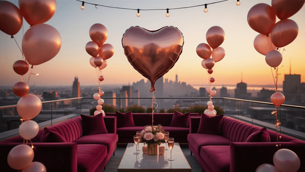 A stunning rooftop terrace at sunset adorned with elegant heart-shaped metallic balloons, plush burgundy seating, cascading balloon garlands, and twinkling string lights, creating a romantic celebration atmosphere.