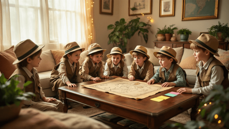 A sunlit living room filled with excited children in explorer outfits, engaged in a treasure hunt, with a hand-drawn treasure map on a vintage coffee table, colorful decorations, and warm fairy lights.