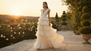 An ethereal model wearing an ivory silk tiered ruffle maxi gown stands on a stone terrace during golden hour, surrounded by soft-focused climbing roses and topiaries, with pearl drop earrings and a gold bracelet.
