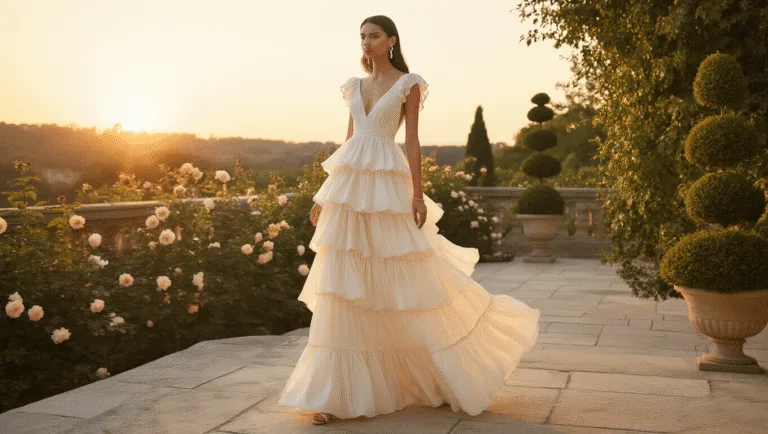 An ethereal model wearing an ivory silk tiered ruffle maxi gown stands on a stone terrace during golden hour, surrounded by soft-focused climbing roses and topiaries, with pearl drop earrings and a gold bracelet.