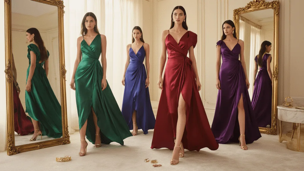 A luxurious collection of jewel-toned satin wrap dresses in emerald, sapphire, ruby, and amethyst, arranged in an elegant dressing room bathed in natural light, featuring gold and crystal accessories, a gilded mirror, and sophisticated marble and carpet textures.