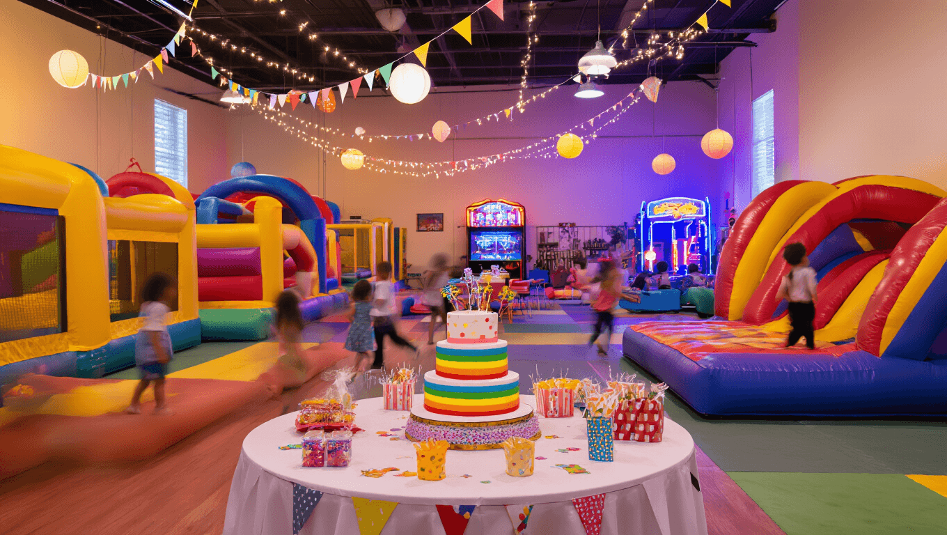 A vibrant indoor children's birthday party scene featuring colorful inflatable bounce houses, a decorated birthday table with a rainbow cake, and children playing, all illuminated by warm lighting and accented with bunting and fairy lights.