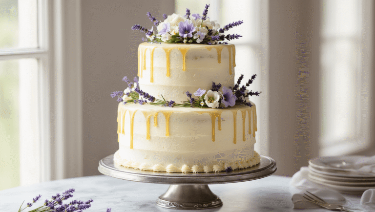 A stunning three-tiered wedding cake with pearl-white cream cheese frosting, honey drips, and fresh lavender decorations, displayed on a vintage silver stand against a romantic soft-focus backdrop.