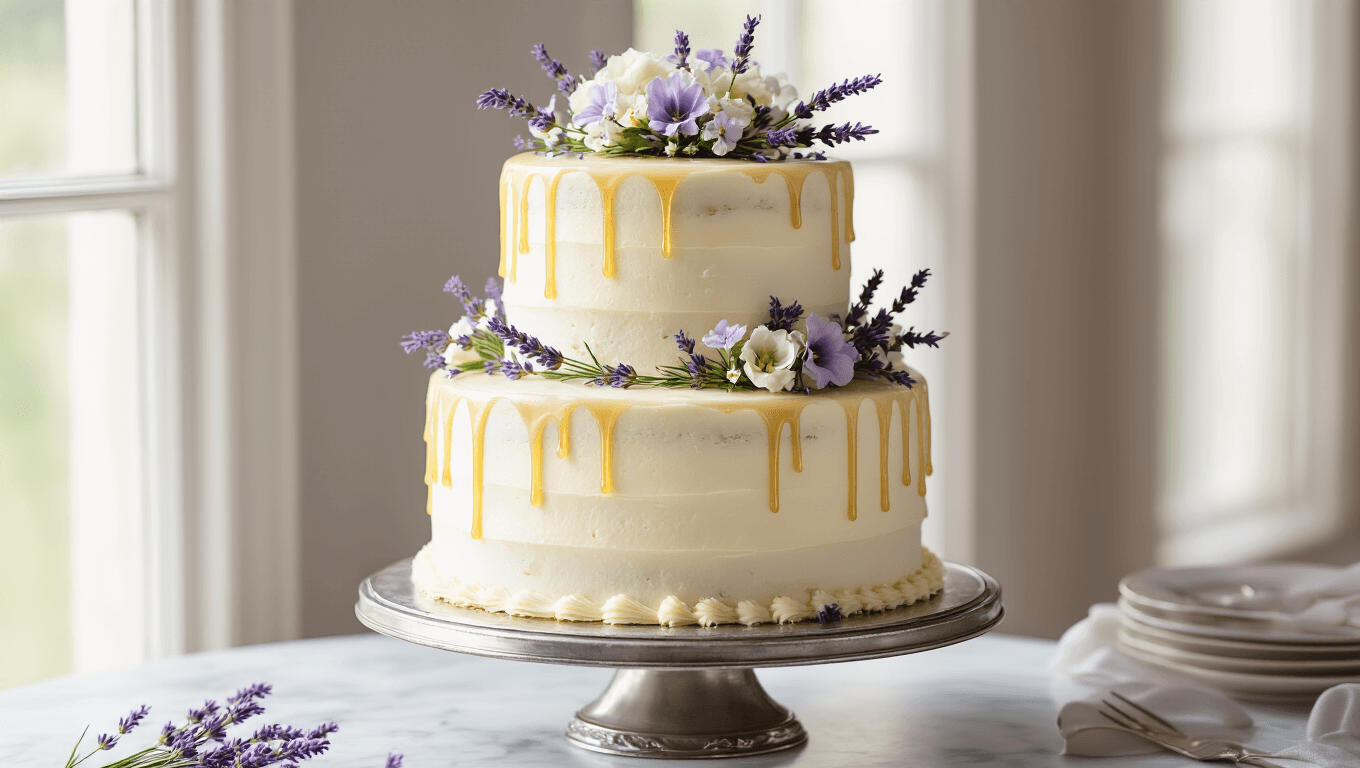A stunning three-tiered wedding cake with pearl-white cream cheese frosting, honey drips, and fresh lavender decorations, displayed on a vintage silver stand against a romantic soft-focus backdrop.