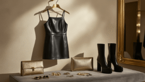 Styling a Leather Mini Dress Like a Fashion Pro A black leather mini dress on a brass hanger in a sophisticated boutique, surrounded by gold accessories on plush gray velvet, with warm spotlighting and a gilded mirror in the background.