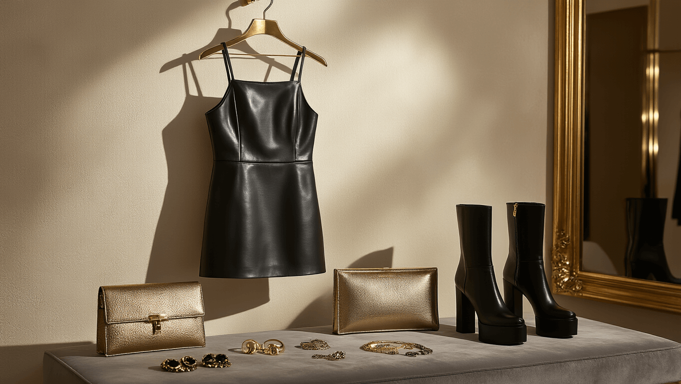 A black leather mini dress on a brass hanger in a sophisticated boutique, surrounded by gold accessories on plush gray velvet, with warm spotlighting and a gilded mirror in the background.