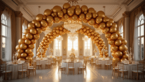 Cinematic wide shot of an opulent ballroom at golden hour, showcasing a dramatic gold balloon installation with varying sizes and ombré tones, elegant table settings, and soft natural light filtering through sheer drapes, all captured with a focus on metallic textures and warm atmospheric ambiance.
