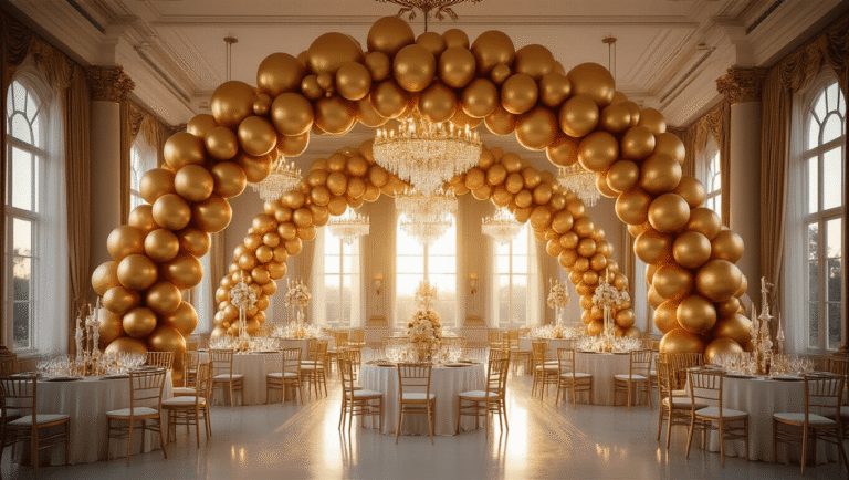 Cinematic wide shot of an opulent ballroom at golden hour, showcasing a dramatic gold balloon installation with varying sizes and ombré tones, elegant table settings, and soft natural light filtering through sheer drapes, all captured with a focus on metallic textures and warm atmospheric ambiance.