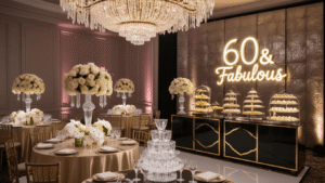 Opulent ballroom celebrating a 60th birthday, featuring shimmering silver and crystal decor, elegant round tables with champagne-colored linens, towering floral centerpieces, a sophisticated dessert cart, and a glowing "60 & Fabulous" neon sign, with a champagne tower in the foreground and well-dressed guests in soft focus.