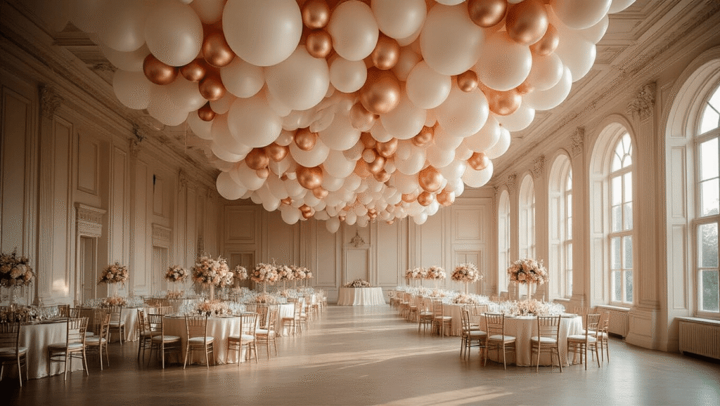 Elegant ballroom decorated with a luxurious balloon installation in pearlescent white, blush pink, and champagne gold, featuring soft uplighting, floral centerpieces, and natural light from floor-to-ceiling windows, captured in a cinematic style.