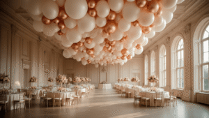 Elegant ballroom decorated with a luxurious balloon installation in pearlescent white, blush pink, and champagne gold, featuring soft uplighting, floral centerpieces, and natural light from floor-to-ceiling windows, captured in a cinematic style.