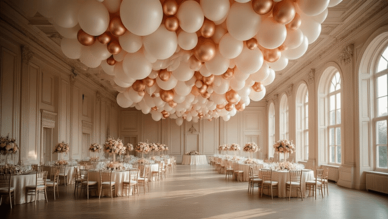 Elegant ballroom decorated with a luxurious balloon installation in pearlescent white, blush pink, and champagne gold, featuring soft uplighting, floral centerpieces, and natural light from floor-to-ceiling windows, captured in a cinematic style.
