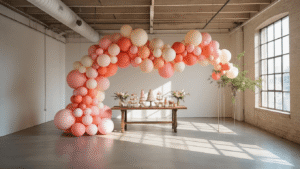 A grand balloon garland in blush pink, coral, and cream shades installed in a sunlit modern loft, featuring varied balloon sizes, intertwined fairy lights, and a vintage dessert table with pastel macarons, surrounded by decorative rose petals and eucalyptus sprigs.