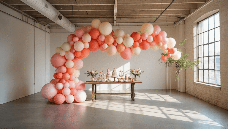 A grand balloon garland in blush pink, coral, and cream shades installed in a sunlit modern loft, featuring varied balloon sizes, intertwined fairy lights, and a vintage dessert table with pastel macarons, surrounded by decorative rose petals and eucalyptus sprigs.