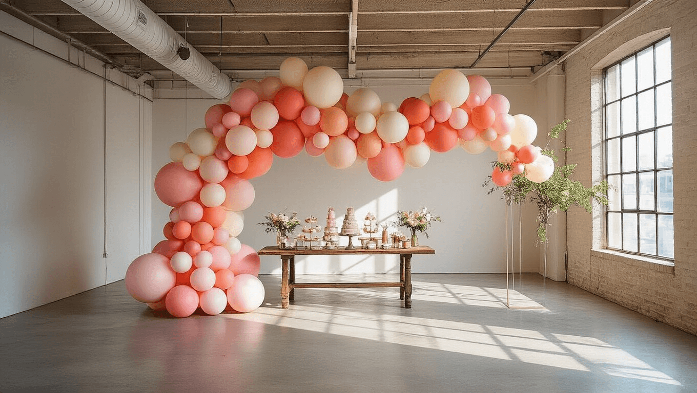 A grand balloon garland in blush pink, coral, and cream shades installed in a sunlit modern loft, featuring varied balloon sizes, intertwined fairy lights, and a vintage dessert table with pastel macarons, surrounded by decorative rose petals and eucalyptus sprigs.