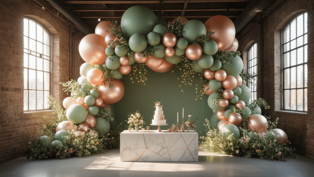 A breathtaking balloon installation featuring sage green, blush pink, and chrome rose gold balloons, accented with eucalyptus and wildflowers, set in a sunlit industrial loft, complemented by a sleek marble dessert table and twinkling fairy lights, captured in photorealistic detail.
