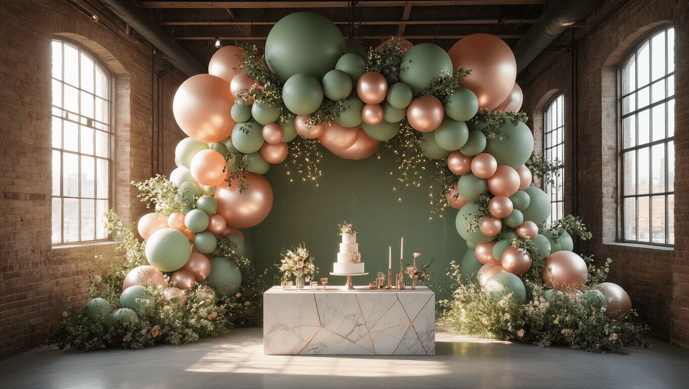 A breathtaking balloon installation featuring sage green, blush pink, and chrome rose gold balloons, accented with eucalyptus and wildflowers, set in a sunlit industrial loft, complemented by a sleek marble dessert table and twinkling fairy lights, captured in photorealistic detail.