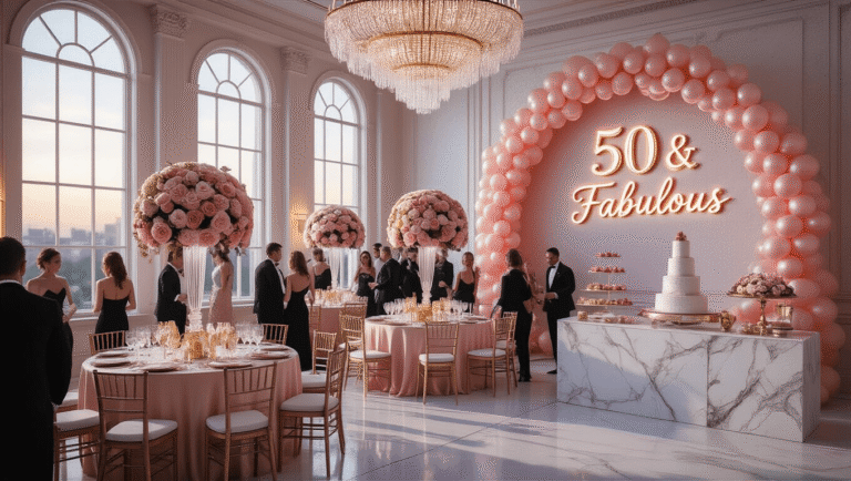 A luxurious ballroom celebration scene with golden hour light, featuring crystal chandeliers, round tables in blush pink linens, floral centerpieces, a metallic balloon arch, and a "50 & Fabulous" neon sign, with guests in black-tie attire and an ornate dessert table.