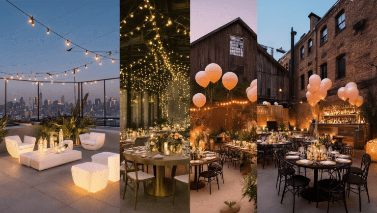 A cinematic collection of luxury birthday party venues featuring a modern rooftop lounge, an enchanted garden party, an industrial chic NYC loft, and a cozy private dining room, all showcasing elegant decor and warm ambient lighting.