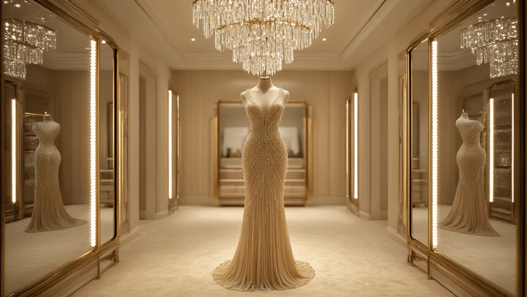 A photorealistic image of a champagne-colored beaded cocktail dress displayed on an elegant mannequin in a high-end boutique fitting room, featuring warm LED lighting, a plush cream carpet, a crystal chandelier, and golden accents, captured in professional fashion photography style with a shallow depth of field.