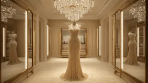 A photorealistic image of a champagne-colored beaded cocktail dress displayed on an elegant mannequin in a high-end boutique fitting room, featuring warm LED lighting, a plush cream carpet, a crystal chandelier, and golden accents, captured in professional fashion photography style with a shallow depth of field.