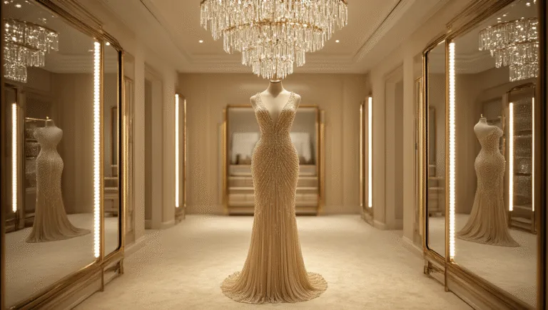 A photorealistic image of a champagne-colored beaded cocktail dress displayed on an elegant mannequin in a high-end boutique fitting room, featuring warm LED lighting, a plush cream carpet, a crystal chandelier, and golden accents, captured in professional fashion photography style with a shallow depth of field.