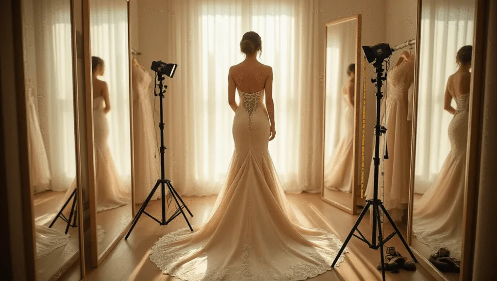 A young woman in a champagne strapless mermaid gown stands in an elegant boutique fitting room, illuminated by golden hour light, surrounded by floor-to-ceiling mirrors and professional fitting equipment.