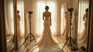 A young woman in a champagne strapless mermaid gown stands in an elegant boutique fitting room, illuminated by golden hour light, surrounded by floor-to-ceiling mirrors and professional fitting equipment.
