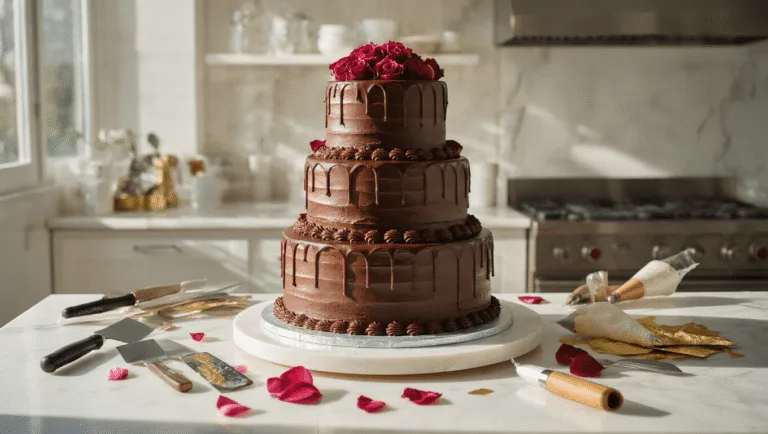 Three-tiered chocolate wedding cake assembly in a sunlit professional kitchen, featuring glossy ganache drips, buttercream layers, and decorative tools, with fresh rose petals and edible gold leaf, captured in 8K resolution.