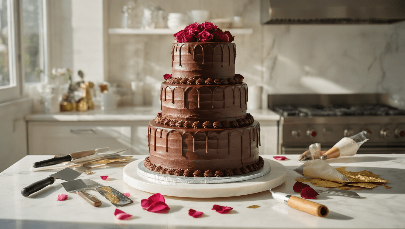Three-tiered chocolate wedding cake assembly in a sunlit professional kitchen, featuring glossy ganache drips, buttercream layers, and decorative tools, with fresh rose petals and edible gold leaf, captured in 8K resolution.