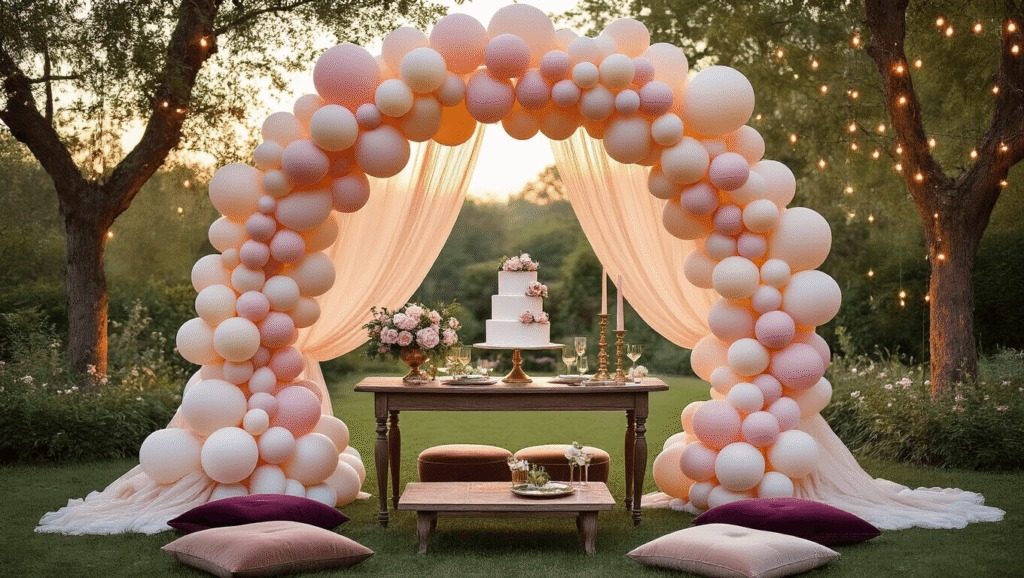 Whimsical garden birthday celebration with an ombré pink and cream balloon arch, vintage wooden dessert table featuring a tiered naked cake, warm bistro lights, and plush velvet cushions in muted jewel tones.