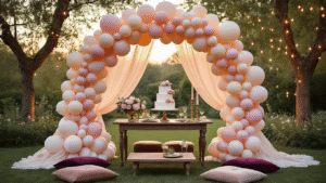 Whimsical garden birthday celebration with an ombré pink and cream balloon arch, vintage wooden dessert table featuring a tiered naked cake, warm bistro lights, and plush velvet cushions in muted jewel tones.