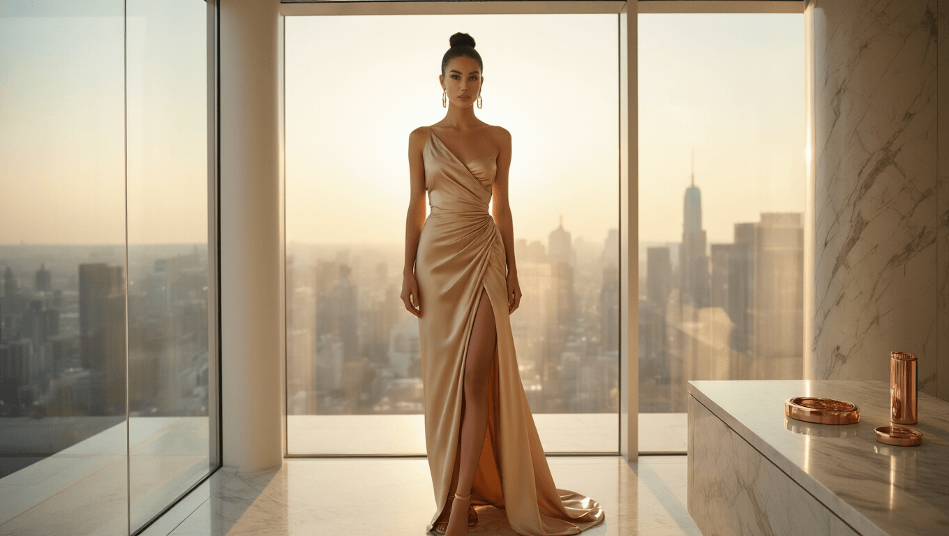 An elegant model in a champagne-colored asymmetrical satin dress stands in a sunlit luxury penthouse with floor-to-ceiling windows, showcasing her sleek low bun hairstyle and nude sandals, as warm golden hour light enhances the flowing texture of the dress. Rose gold jewelry is displayed on a marble vanity.