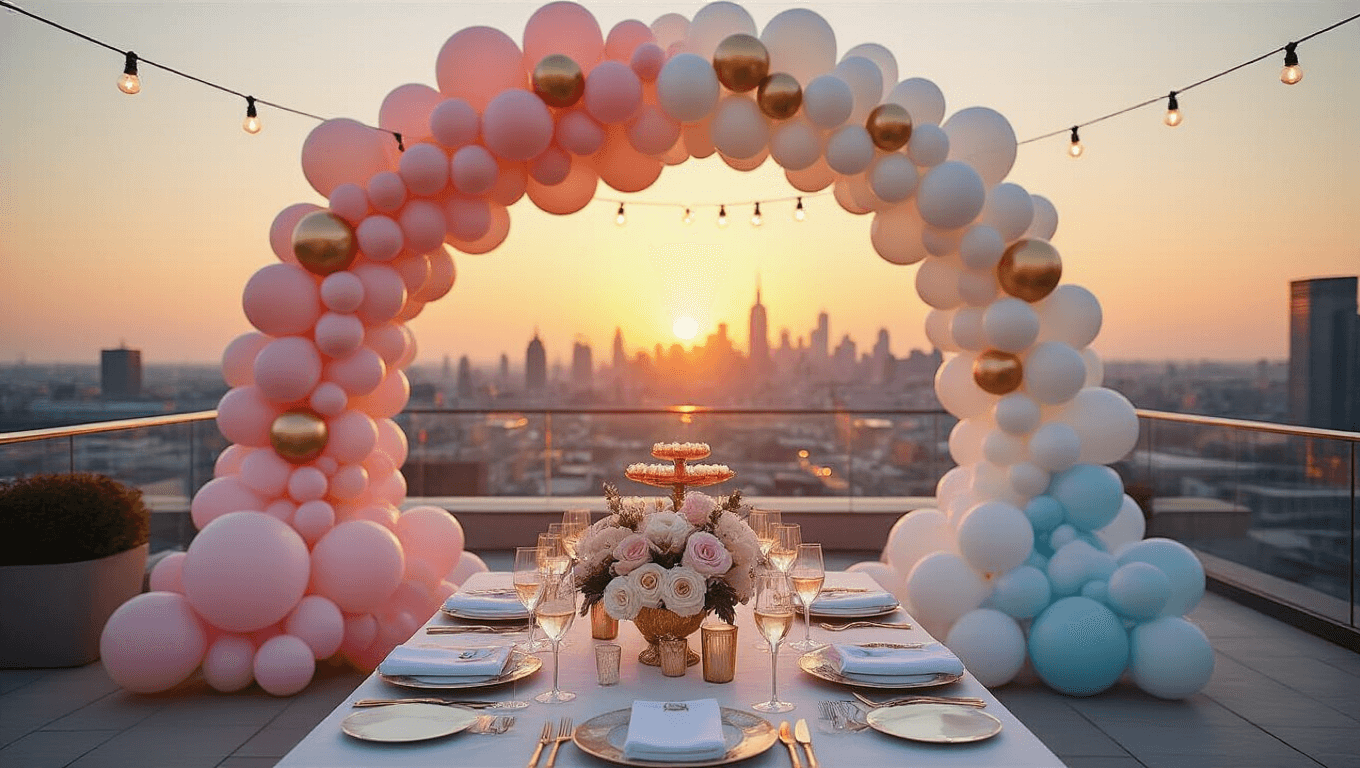 A luxurious rooftop terrace at golden hour, featuring an elegant balloon installation with ombré pastels, crystal-draped tables, and champagne flutes, framed by city skyline views and soft bokeh from overhead string lights.