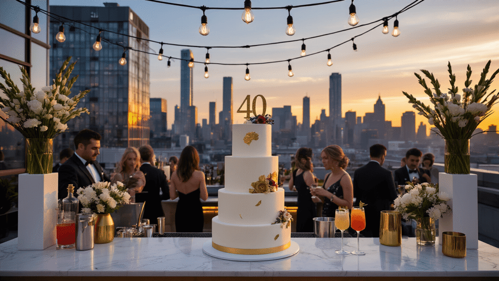 Luxurious rooftop party at dusk with a city skyline backdrop, featuring sophisticated decor, well-dressed guests, a stunning three-tier naked cake, and warm ambient lighting from string lights and Edison bulbs.