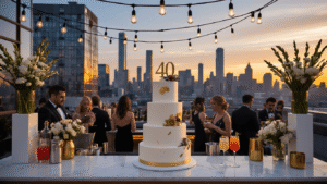 Luxurious rooftop party at dusk with a city skyline backdrop, featuring sophisticated decor, well-dressed guests, a stunning three-tier naked cake, and warm ambient lighting from string lights and Edison bulbs.