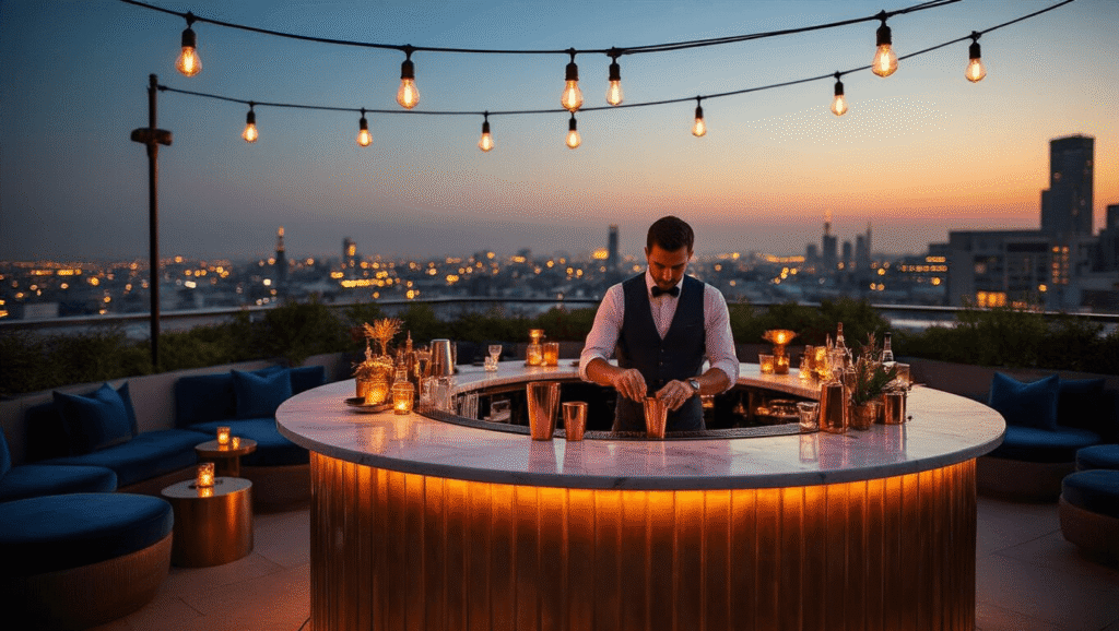 A luxurious rooftop terrace party at night, featuring a marble bar with copper accents, a professional mixologist crafting cocktails, and stylish guests in cocktail attire mingling amidst warm Edison bulb lighting and lush palm trees.