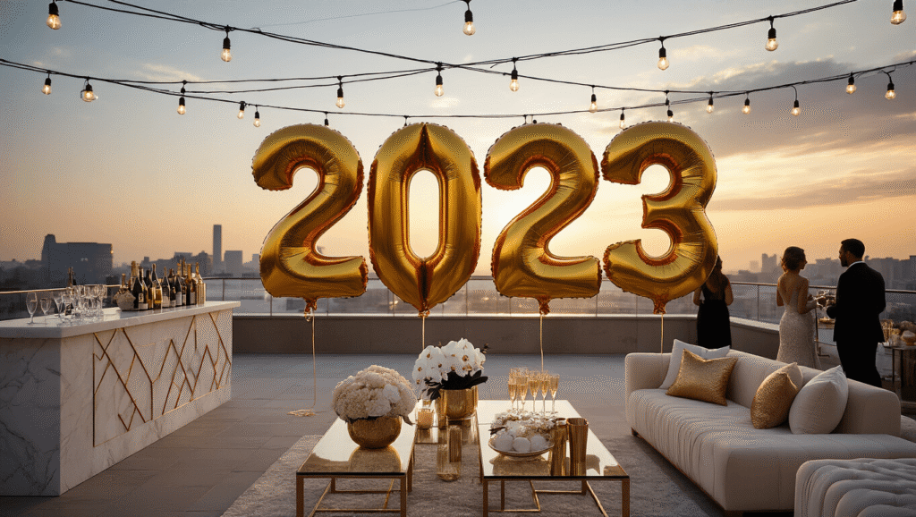 Sophisticated rooftop terrace at sunset with oversized golden "2023" balloons, elegant floral centerpieces, ambient lighting, modern lounge furniture, and silhouetted guests against a city skyline.