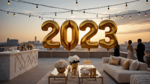 Sophisticated rooftop terrace at sunset with oversized golden "2023" balloons, elegant floral centerpieces, ambient lighting, modern lounge furniture, and silhouetted guests against a city skyline.